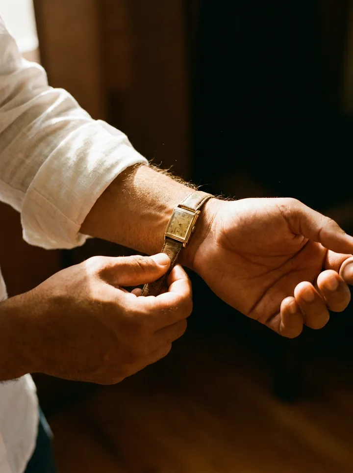 Manos de hombre ajustando un reloj